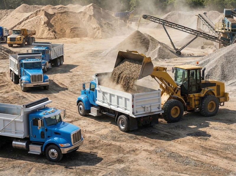 Front-end loader filling dump trucks with gravel at an aggregate production yard