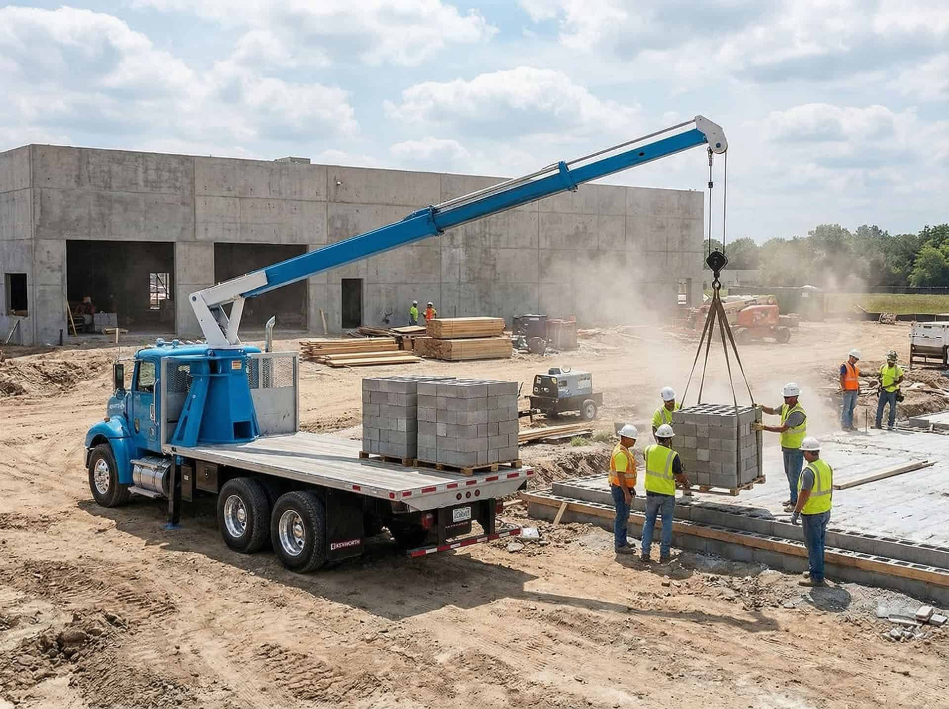 Crane truck delivering concrete blocks at a commercial construction site
