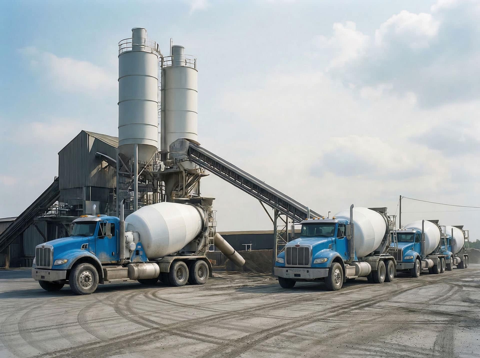 Fleet of ready-mix concrete trucks parked at a batch plant with cement silos