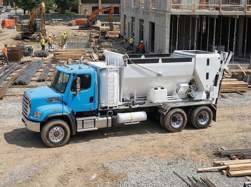 Volumetric concrete mixer truck at a commercial construction jobsite